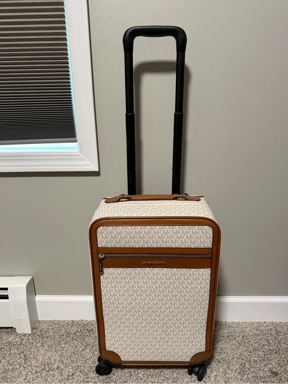 Michael Kors Cream & Brown MK Logo Travel Trio with Yellow Strap